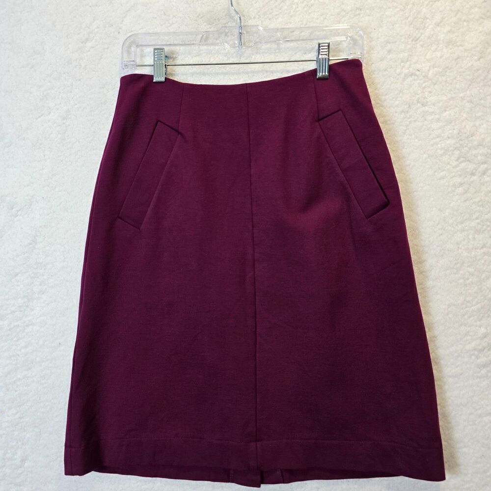 Lands End Knee‎ Length Stretchy Board Skirt Sz 6 Burgundy Wine Red Front Pockets